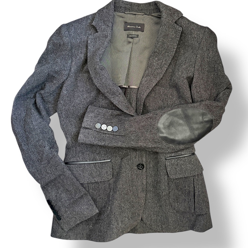 Massimo Dutti Gray Herringbone Blazer with Leather Elbow Patches